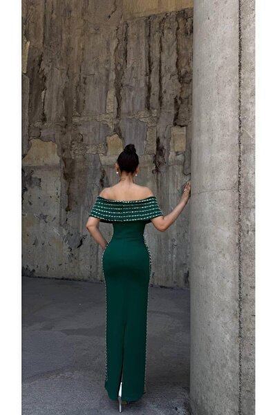 Modafeminen Scuba Esnek Kumaş Degaje Yaka Taş Detaylı Abiye Elbise 583243 ZÜMRÜT