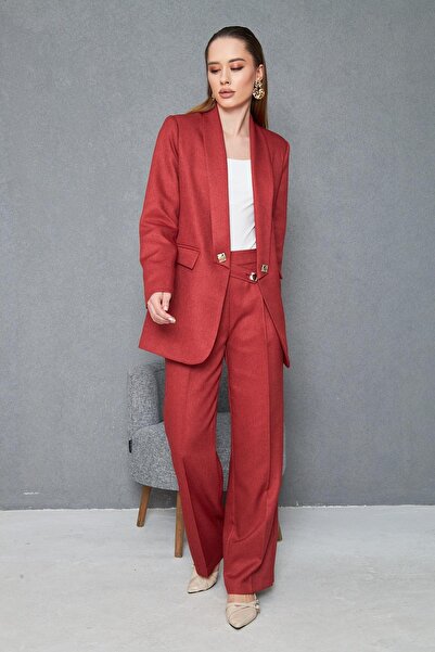 LOVELF Kare Düğmeli Yünefekt Takım Kırmızı