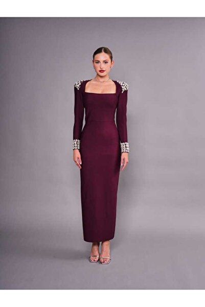 SERPİL Kare Yaka Taş Detaylı Uzun Abiye Elbise 51066