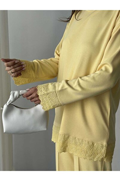 b buhari bykoc Lace Detailed Oversize Wide Leg Modal Fabric Tracksuit Set