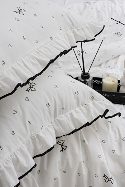 MOON SECRET Double Duvet Cover Set 100% Cotton Heart and Bow Patterned Ruffle Detailed Duvet Cover Set