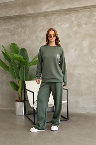 b buhari bykoc Floral Patterned Piping Oversize Wide Leg Modal Fabric Tracksuit Set