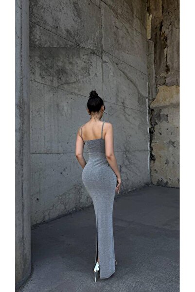 Modafeminen Flowers Flexible Fabric Piping Strap Pleated Detail Evening Dress 583270 Gray