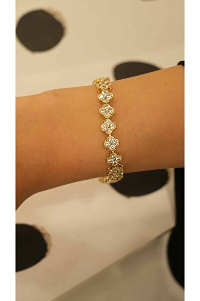 Jerie Gold 14k XP Full Zirkon Taş Yonca Bileklik