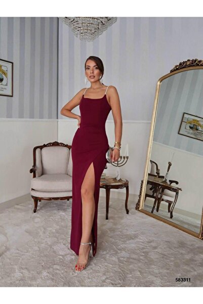 Modafeminen Krep Esnek Kumaş Taş Askılı Pile Detaylı Yırtmaçlı Abiye Elbise 583311 Açık Mor