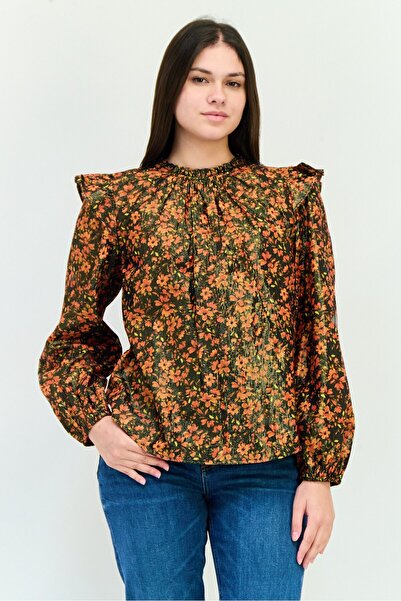 GAP Women Ruffle Neck Long Sleeve Floral Print Blouse, Multicolor