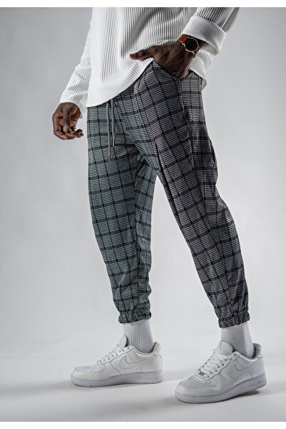Superbluemexico Unisex Jacquard Gray Plaid Patterned Jogger Pants