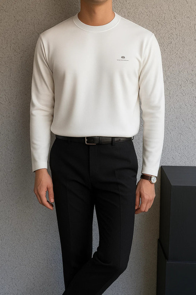 SILVANO Erkek Uzun Kollu Kalın Salaş Rahat Beyaz Sweatshirt