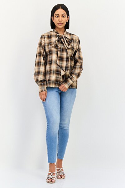 Threadbare Women Tie Neckline Long Sleeves Plaid Shirt, Multicolor