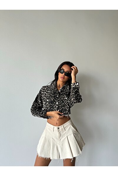 MUG collection Γυναικείο τζιν κοντό μπουφάν Leopard