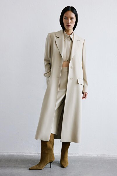 rue Jacket Collar Buttoned Midi Beige Coat