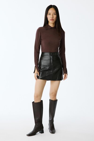 rue Genuine Leather Zippered Mini Brown Skirt