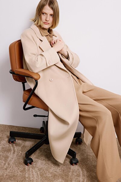 rue Double-Breasted Detailed Long Sleeve Beige Coat
