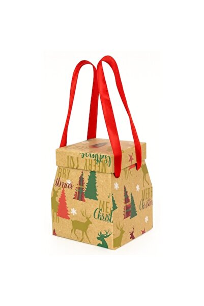 OEM Christmas Gift Box with Handles and Red Interior, Design with Trees and Reindeer, 19 x 19 x 21 cm, C