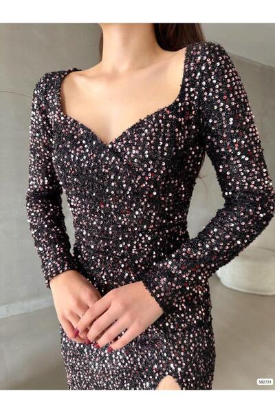 Modafeminen Sirt Detayli Omuz Vatkali Pulpayet Uzun Elbise Gül kurusu 582731