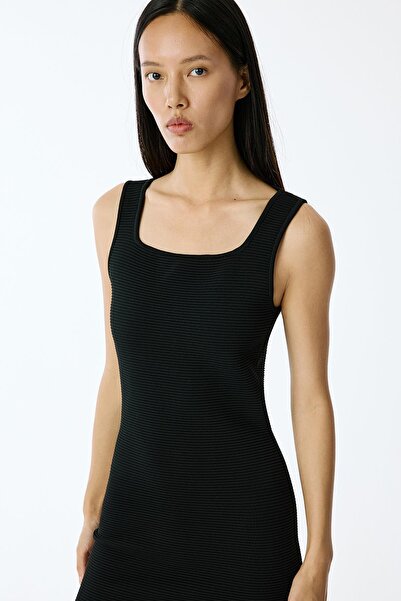rue Square Neck Mini Black Knit Dress