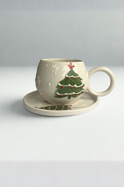 Home Yılbaşı Çam Ağacı Desenli El Yapımı Ece Tabaklı Kupa Seti – Kahve & Çay Fincanı Mug