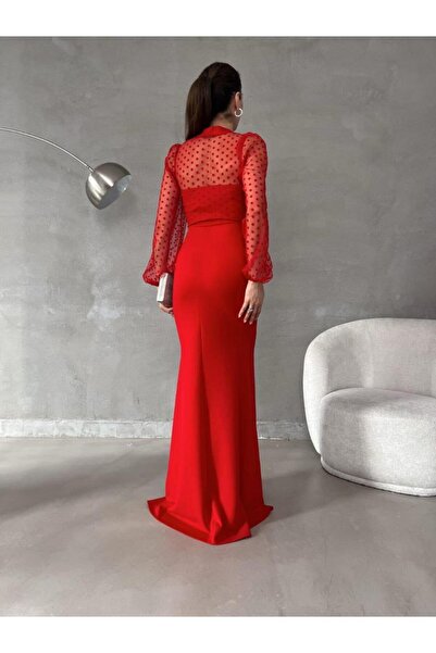 Modafeminen Esnek Krep Kumaş Tül Detaylı Yırtmaçı Kollu Abiye Elbise 582767 KIRMIZI