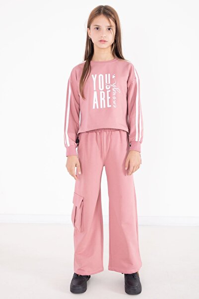 Cansın Mini Pink Text Printed Cargo Pocket Detailed Girl's Suit 22776