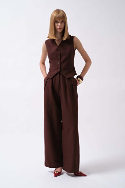 Maxi modena Double Pleated Palazzo Brown Trousers - 38