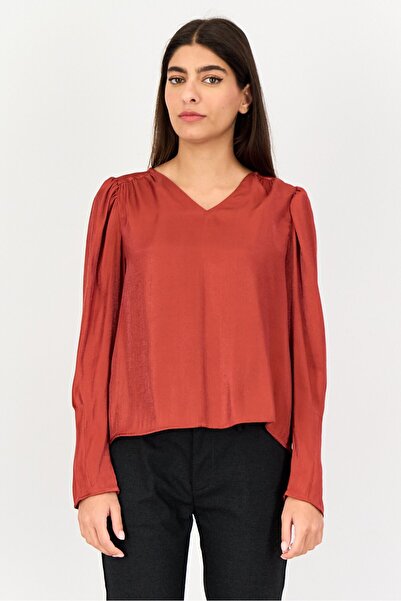 Levi's Women V Neck Long Sleeve Solid Blouse, Rust