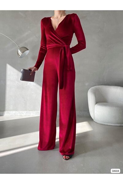 Modafeminen Stretchy Velvet Fabric Double Breasted Neckline Belted Long Evening Jumpsuit 58618 Red