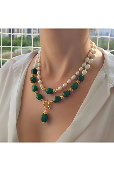 elinasaccessories Gerçek inci yeşim doğal tas tasarım kolye el yapımı kolye