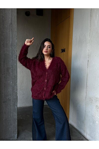 minaaise Women's Burgundy Plush Oversize Knit Cardigan 91