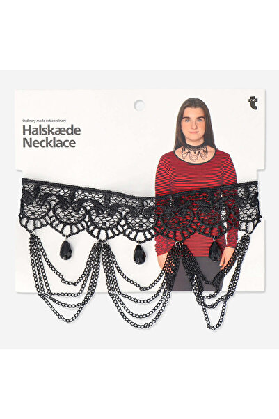 Flying Tiger Copenhagen Dantelli ve Taşlı Siyah Choker