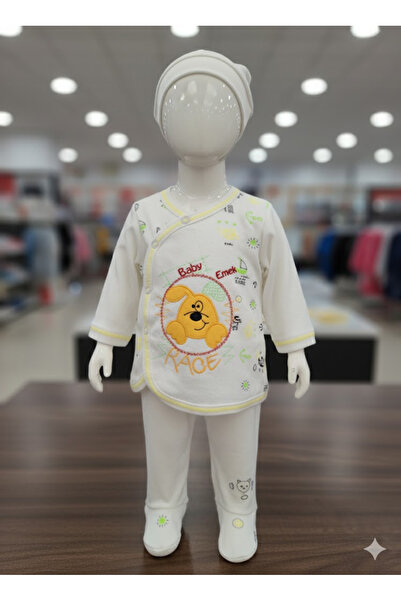 Jasminya Baby Newborn Yellow Dog Embroidered 3 Piece Combed Cotton Bodysuit Set