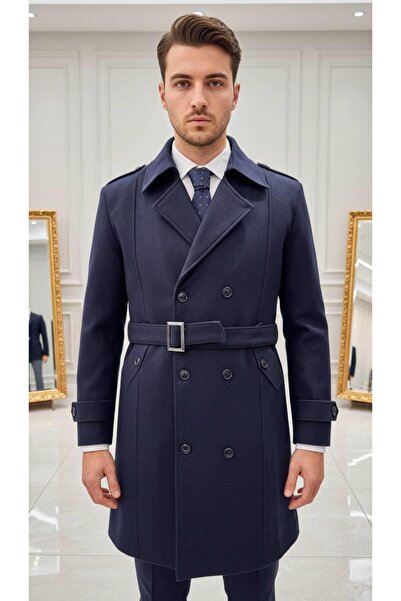 Salihtarzz Men's Belted Double Breasted Trench Coat Navy Blue Sd42234