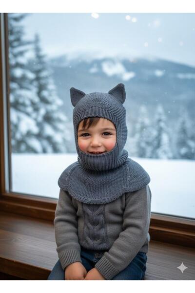 meriç bebe - bütün çocuklar melektir. mrc Kedi Kulaklı Kışlık Balaklava Triko Boyunluklu Bebek Çocuk Şapka Bere Kar Maskesi