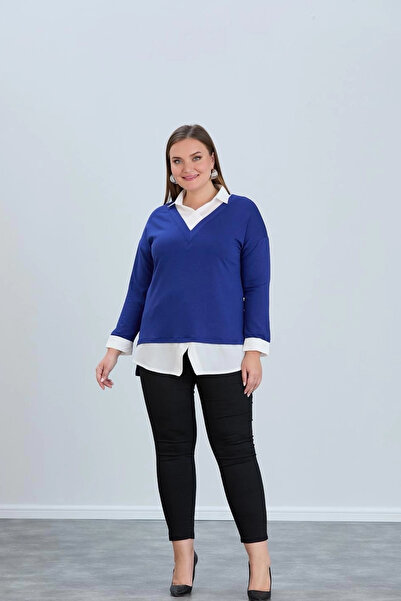 Bİ.GİYSEN Women's Blue Inner Shirt with Detachable Collar, Plain Embellished, New Season Crystal Lycra Fabric Buluz