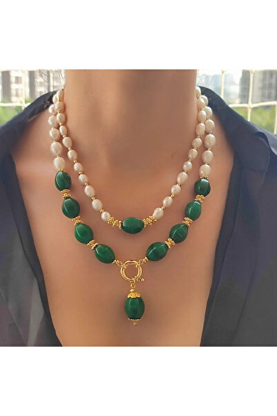 elinasaccessories Gerçek inci yeşim doğal tas tasarım kolye el yapımı kolye
