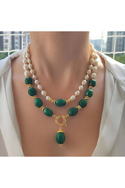 elinasaccessories Gerçek inci yeşim doğal tas tasarım kolye el yapımı kolye