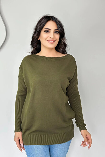 Bİ.GİYSEN Bluză de tricotat pentru femei, verde kaki, cu gât rotund, cu buzun...