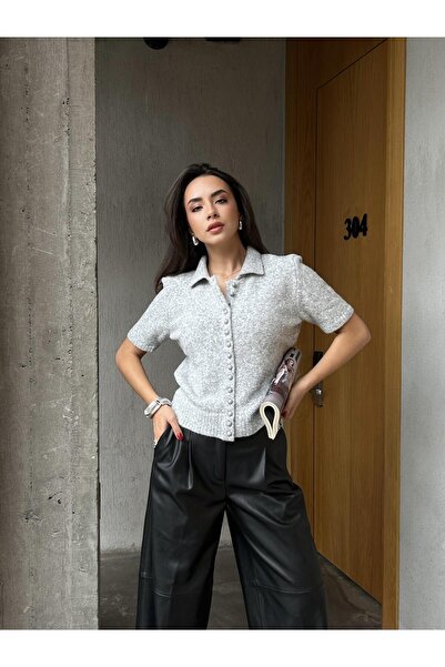 minaaise Women's Gray Short-Sleeved Imported Yarn Buttoned Knit Sweater 7010