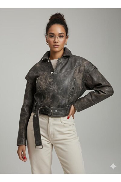 gorgitino Women's Genuine Vintage Leather Jacket Oversize Model with Back Mesh Detail