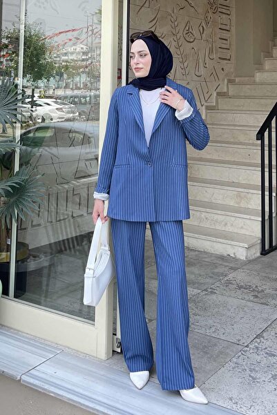 lamelif Striped Jacket Hijab Set Indigo