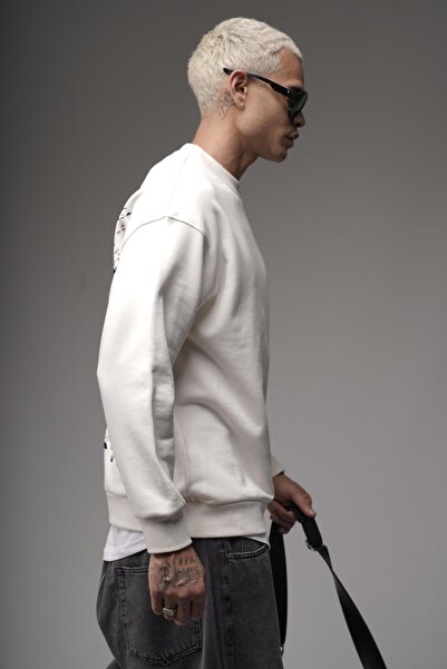 king brich Bisiklet Yaka Sırtı Leylek Baskılı Nakışlı Oversize Kalıp Sweatshirt