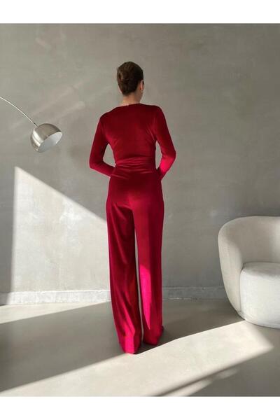 Modafeminen Stretchy Velvet Fabric Double Breasted Neckline Belted Long Evening Jumpsuit 58618 Red