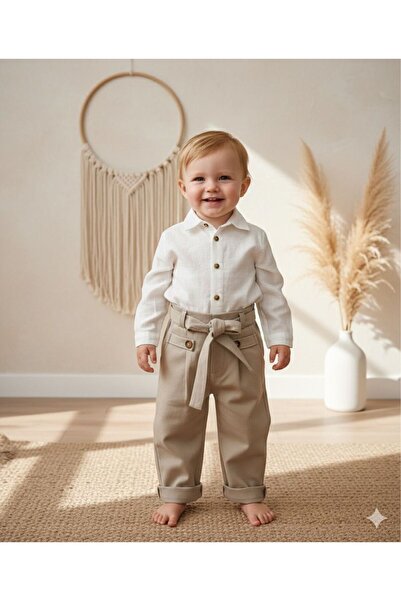 favorimkids Krem Pantalon White Shirt Baby Kids Bottom Top Set -3-