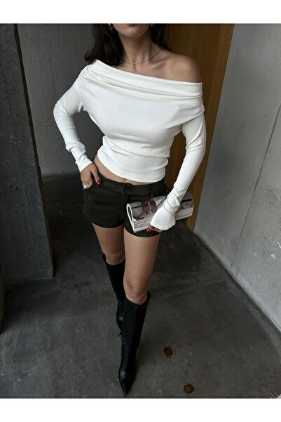 minaaise Women's Ecru Long Sleeve Off Shoulder Blouse 30079