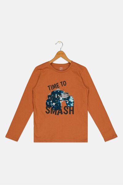 Sinsay تي شيرت ترتر بأكمام طويلة وياقة دائرية للأولاد الصغار، بني