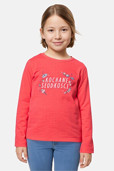 Sinsay تي شيرت مطبوع عليه رسومات بأكمام طويلة وياقة دائرية للبنات الصغار، وردي