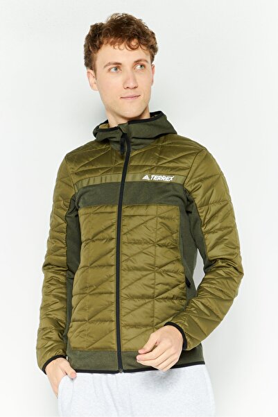 adidas جاكيت تدريب رجالي رياضي بأكمام طويلة، زيتوني