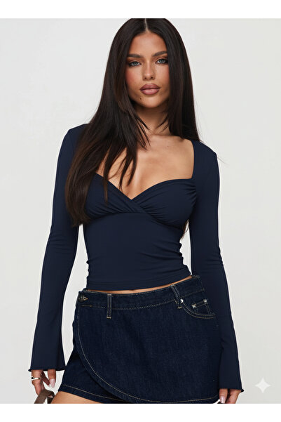 fablair Hosszú ujjú, szív alakú nyakú, drapériás női blúz