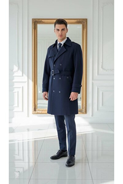Salihtarzz Men's Belted Double Breasted Trench Coat Navy Blue Sd42234