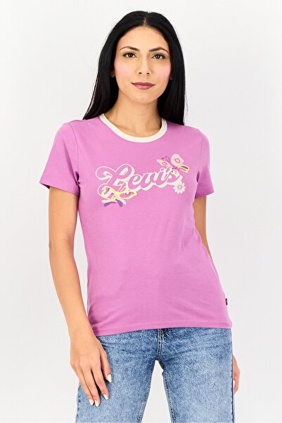 Levi's بلوزة نسائية مطبوعة برسومات جرافيكية بأكمام قصيرة ورقبة دائرية، بنفسجي...