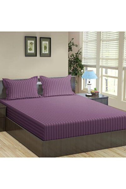 Kotonia Home Elastic bed cover, 100% cotton, Damask Satin, stripe size 1 cm, Purple, 160x200+20 cm